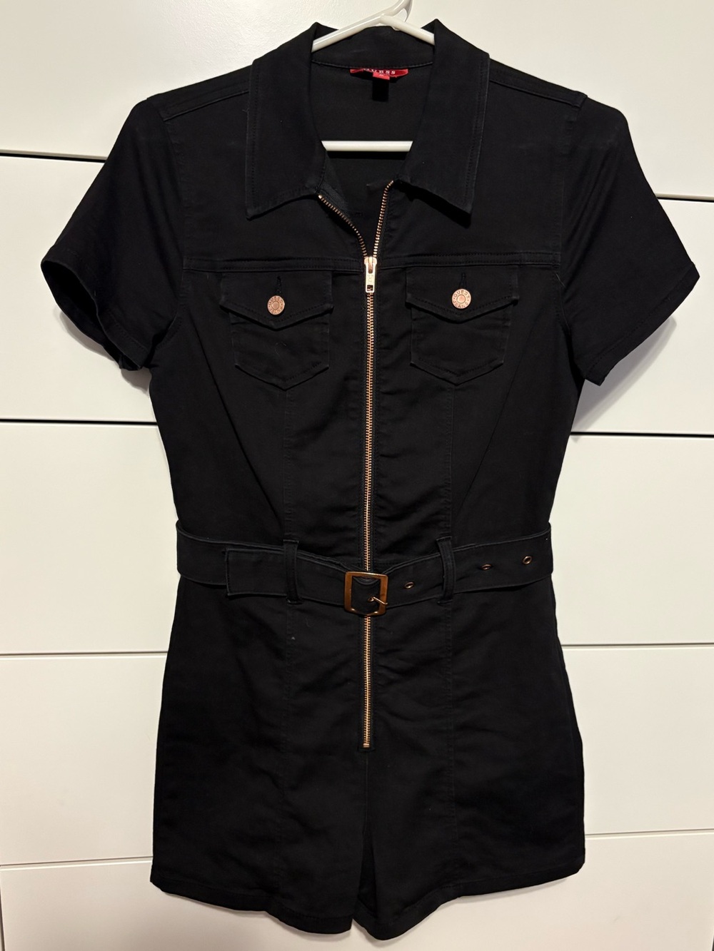 Guess Black Short-Sleeve Zip-Front Romper with Rose Gold Hardware